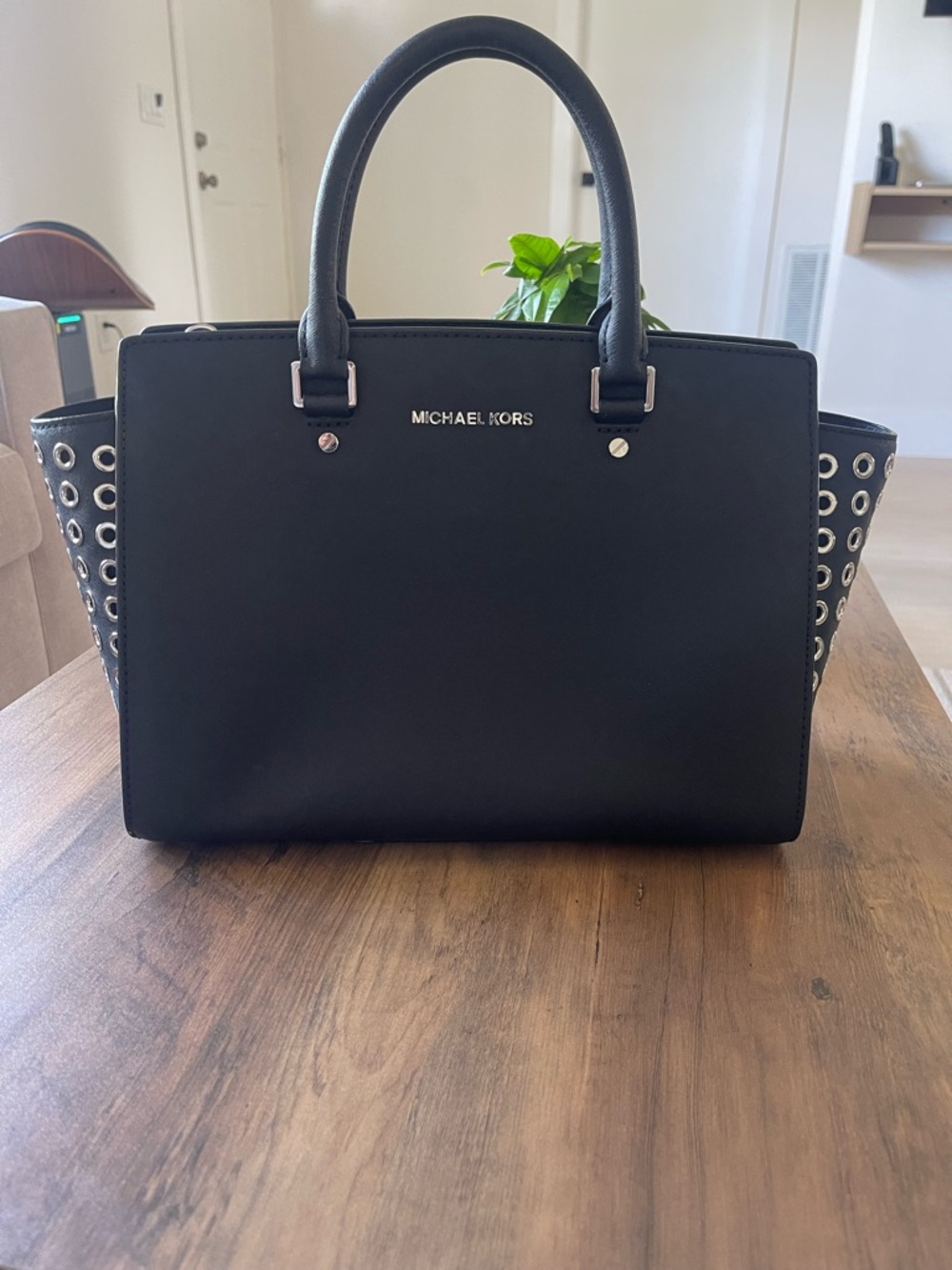 Michael Kors Black Leather Satchel with Grommet-Hole Trim
